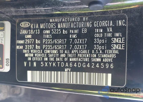 2013 Kia Sorento Lx z USA, uszkodzony, nr VIN 5XYKTDA64DG424596